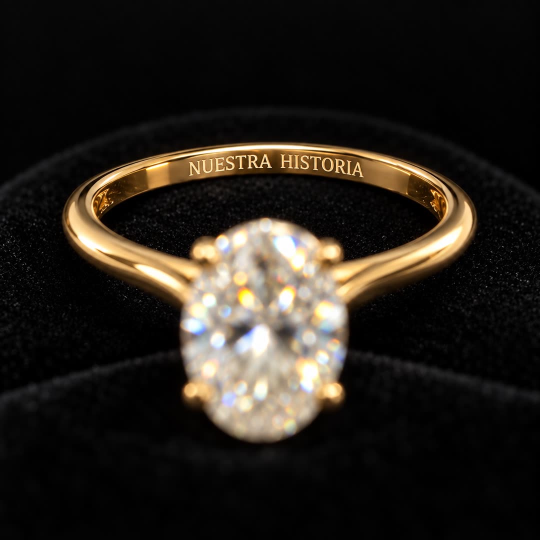 Grabado «Nuestra historia» en el interior de un anillo de compromiso de oro amarillo