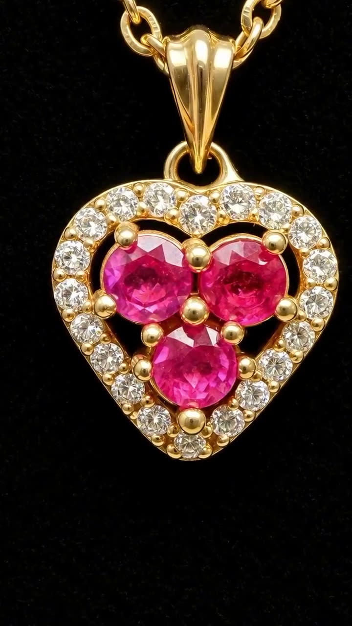 Dije de corazón con tres rubíes y halo de diamantes en oro amarillo